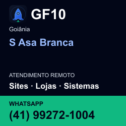 GF10 em S Asa Branca, Goiânia: atendimento remoto. Sites, lojas, aplicações, idiomas, manutenção e SEO. WhatsApp (41) 99272-1004.