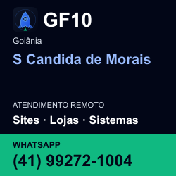 GF10 em S Candida de Morais, Goiânia: atendimento remoto. Sites, lojas, aplicações, idiomas, manutenção e SEO. WhatsApp (41) 99272-1004.