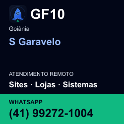 GF10 em S Garavelo, Goiânia: atendimento remoto. Sites, lojas, aplicações, idiomas, manutenção e SEO. WhatsApp (41) 99272-1004.