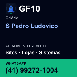 GF10 em S Pedro Ludovico, Goiânia: atendimento remoto. Sites, lojas, aplicações, idiomas, manutenção e SEO. WhatsApp (41) 99272-1004.