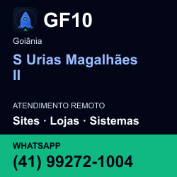 GF10 em S Urias Magalhães II, Goiânia: atendimento remoto. Sites, lojas, aplicações, idiomas, manutenção e SEO. WhatsApp (41) 99272-1004.