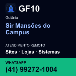 GF10 em Sir Mansões do Campus, Goiânia: atendimento remoto. Sites, lojas, aplicações, idiomas, manutenção e SEO. WhatsApp (41) 99272-1004.