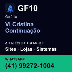 GF10 em Vl Cristina Continuação, Goiânia: atendimento remoto. Sites, lojas, aplicações, idiomas, manutenção e SEO. WhatsApp (41) 99272-1004.