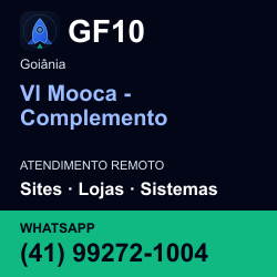 GF10 em Vl Mooca - Complemento, Goiânia: atendimento remoto. Sites, lojas, aplicações, idiomas, manutenção e SEO. WhatsApp (41) 99272-1004.