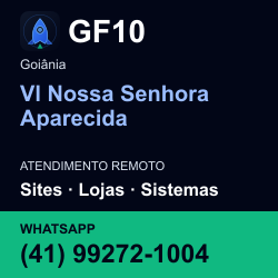 GF10 em Vl Nossa Senhora Aparecida, Goiânia: atendimento remoto. Sites, lojas, aplicações, idiomas, manutenção e SEO. WhatsApp (41) 99272-1004.