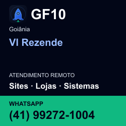GF10 em Vl Rezende, Goiânia: atendimento remoto. Sites, lojas, aplicações, idiomas, manutenção e SEO. WhatsApp (41) 99272-1004.