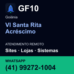 GF10 em Vl Santa Rita Acréscimo, Goiânia: atendimento remoto. Sites, lojas, aplicações, idiomas, manutenção e SEO. WhatsApp (41) 99272-1004.