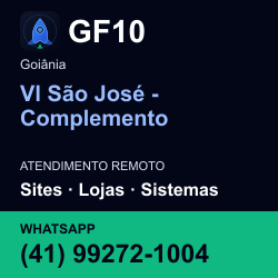 GF10 em Vl São José - Complemento, Goiânia: atendimento remoto. Sites, lojas, aplicações, idiomas, manutenção e SEO. WhatsApp (41) 99272-1004.