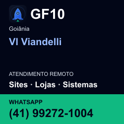 GF10 em Vl Viandelli, Goiânia: atendimento remoto. Sites, lojas, aplicações, idiomas, manutenção e SEO. WhatsApp (41) 99272-1004.