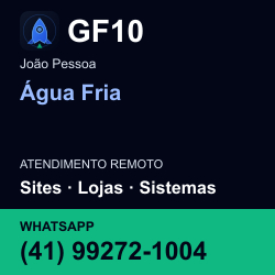 GF10 em Água Fria, João Pessoa: atendimento remoto. Sites, lojas, aplicações, idiomas, manutenção e SEO. WhatsApp (41) 99272-1004.