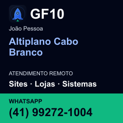GF10 em Altiplano Cabo Branco, João Pessoa: atendimento remoto. Sites, lojas, aplicações, idiomas, manutenção e SEO. WhatsApp (41) 99272-1004.
