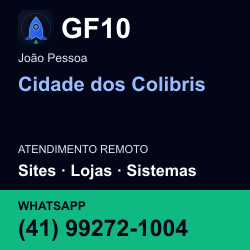 GF10 em Cidade dos Colibris, João Pessoa: atendimento remoto. Sites, lojas, aplicações, idiomas, manutenção e SEO. WhatsApp (41) 99272-1004.