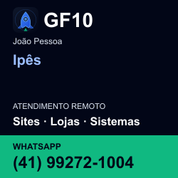GF10 em Ipês, João Pessoa: atendimento remoto. Sites, lojas, aplicações, idiomas, manutenção e SEO. WhatsApp (41) 99272-1004.