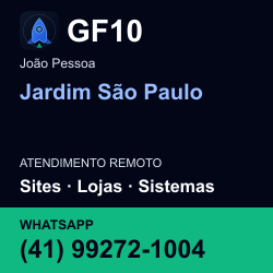 GF10 em Jardim São Paulo, João Pessoa: atendimento remoto. Sites, lojas, aplicações, idiomas, manutenção e SEO. WhatsApp (41) 99272-1004.