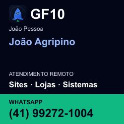 GF10 em João Agripino, João Pessoa: atendimento remoto. Sites, lojas, aplicações, idiomas, manutenção e SEO. WhatsApp (41) 99272-1004.