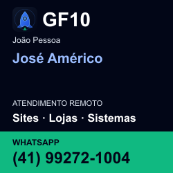 GF10 em José Américo, João Pessoa: atendimento remoto. Sites, lojas, aplicações, idiomas, manutenção e SEO. WhatsApp (41) 99272-1004.