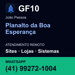 GF10 em Planalto da Boa Esperança, João Pessoa: atendimento remoto. Sites, lojas, aplicações, idiomas, manutenção e SEO. WhatsApp (41) 99272-1004.