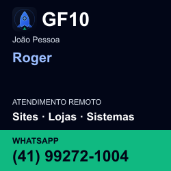 GF10 em Roger, João Pessoa: atendimento remoto. Sites, lojas, aplicações, idiomas, manutenção e SEO. WhatsApp (41) 99272-1004.