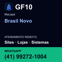 GF10 em Brasil Novo, Macapá: atendimento remoto. Sites, lojas, aplicações, idiomas, manutenção e SEO. WhatsApp (41) 99272-1004.