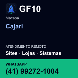 GF10 em Cajari, Macapá: atendimento remoto. Sites, lojas, aplicações, idiomas, manutenção e SEO. WhatsApp (41) 99272-1004.