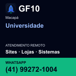 GF10 em Universidade, Macapá: atendimento remoto. Sites, lojas, aplicações, idiomas, manutenção e SEO. WhatsApp (41) 99272-1004.