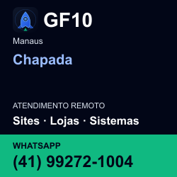 GF10 em Chapada, Manaus: atendimento remoto. Sites, lojas, aplicações, idiomas, manutenção e SEO. WhatsApp (41) 99272-1004.