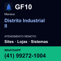 GF10 em Distrito Industrial II, Manaus: atendimento remoto. Sites, lojas, aplicações, idiomas, manutenção e SEO. WhatsApp (41) 99272-1004.