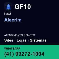 GF10 em Alecrim, Natal: atendimento remoto. Sites, lojas, aplicações, idiomas, manutenção e SEO. WhatsApp (41) 99272-1004.