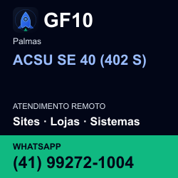 GF10 em ACSU SE 40 (402 S), Palmas: atendimento remoto. Sites, lojas, aplicações, idiomas, manutenção e SEO. WhatsApp (41) 99272-1004.