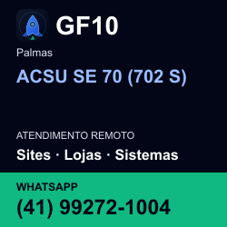 GF10 em ACSU SE 70 (702 S), Palmas: atendimento remoto. Sites, lojas, aplicações, idiomas, manutenção e SEO. WhatsApp (41) 99272-1004.