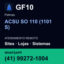 GF10 em ACSU SO 110 (1101 S), Palmas: atendimento remoto. Sites, lojas, aplicações, idiomas, manutenção e SEO. WhatsApp (41) 99272-1004.