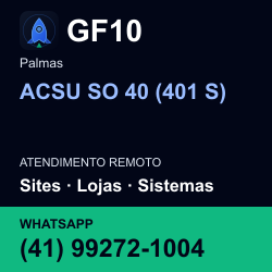 GF10 em ACSU SO 40 (401 S), Palmas: atendimento remoto. Sites, lojas, aplicações, idiomas, manutenção e SEO. WhatsApp (41) 99272-1004.