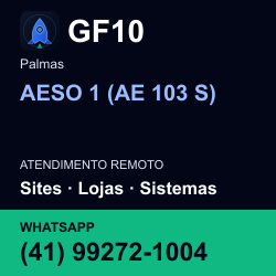 GF10 em AESO 1 (AE 103 S), Palmas: atendimento remoto. Sites, lojas, aplicações, idiomas, manutenção e SEO. WhatsApp (41) 99272-1004.