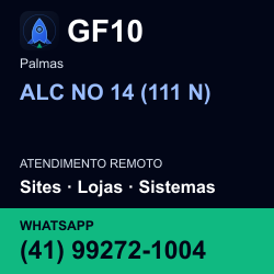 GF10 em ALC NO 14 (111 N), Palmas: atendimento remoto. Sites, lojas, aplicações, idiomas, manutenção e SEO. WhatsApp (41) 99272-1004.