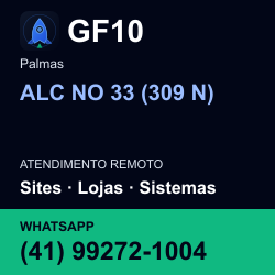 GF10 em ALC NO 33 (309 N), Palmas: atendimento remoto. Sites, lojas, aplicações, idiomas, manutenção e SEO. WhatsApp (41) 99272-1004.