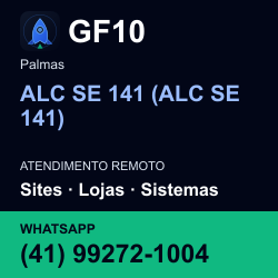 GF10 em ALC SE 141 (ALC SE 141), Palmas: atendimento remoto. Sites, lojas, aplicações, idiomas, manutenção e SEO. WhatsApp (41) 99272-1004.