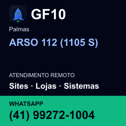 GF10 em ARSO 112 (1105 S), Palmas: atendimento remoto. Sites, lojas, aplicações, idiomas, manutenção e SEO. WhatsApp (41) 99272-1004.