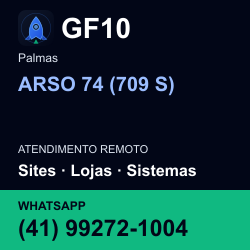 GF10 em ARSO 74 (709 S), Palmas: atendimento remoto. Sites, lojas, aplicações, idiomas, manutenção e SEO. WhatsApp (41) 99272-1004.