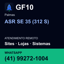 GF10 em ASR SE 35 (312 S), Palmas: atendimento remoto. Sites, lojas, aplicações, idiomas, manutenção e SEO. WhatsApp (41) 99272-1004.