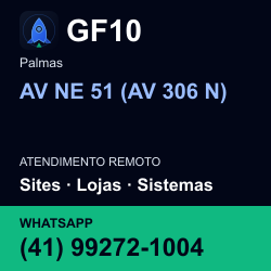 GF10 em AV NE 51 (AV 306 N), Palmas: atendimento remoto. Sites, lojas, aplicações, idiomas, manutenção e SEO. WhatsApp (41) 99272-1004.