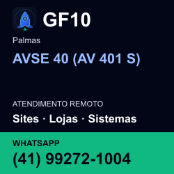 GF10 em AVSE 40 (AV 401 S), Palmas: atendimento remoto. Sites, lojas, aplicações, idiomas, manutenção e SEO. WhatsApp (41) 99272-1004.