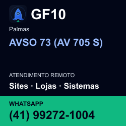 GF10 em AVSO 73 (AV 705 S), Palmas: atendimento remoto. Sites, lojas, aplicações, idiomas, manutenção e SEO. WhatsApp (41) 99272-1004.