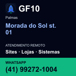 GF10 em Morada do Sol st. 01, Palmas: atendimento remoto. Sites, lojas, aplicações, idiomas, manutenção e SEO. WhatsApp (41) 99272-1004.