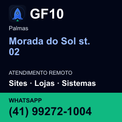 GF10 em Morada do Sol st. 02, Palmas: atendimento remoto. Sites, lojas, aplicações, idiomas, manutenção e SEO. WhatsApp (41) 99272-1004.