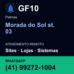 GF10 em Morada do Sol st. 03, Palmas: atendimento remoto. Sites, lojas, aplicações, idiomas, manutenção e SEO. WhatsApp (41) 99272-1004.