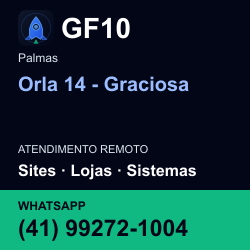 GF10 em Orla 14 - Graciosa, Palmas: atendimento remoto. Sites, lojas, aplicações, idiomas, manutenção e SEO. WhatsApp (41) 99272-1004.