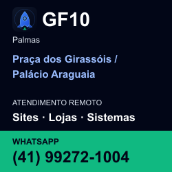 GF10 em Praça dos Girassóis / Palácio Araguaia, Palmas: atendimento remoto. Sites, lojas, aplicações, idiomas, manutenção e SEO. WhatsApp (41) 99272-1004.