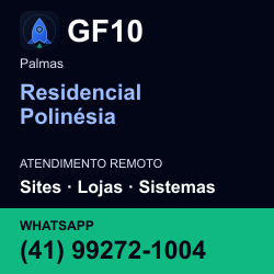 GF10 em Residencial Polinésia, Palmas: atendimento remoto. Sites, lojas, aplicações, idiomas, manutenção e SEO. WhatsApp (41) 99272-1004.