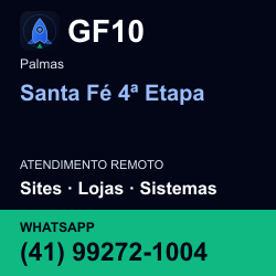 GF10 em Santa Fé 4ª Etapa, Palmas: atendimento remoto. Sites, lojas, aplicações, idiomas, manutenção e SEO. WhatsApp (41) 99272-1004.