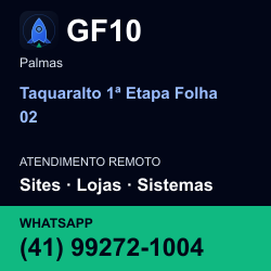 GF10 em Taquaralto 1ª Etapa Folha 02, Palmas: atendimento remoto. Sites, lojas, aplicações, idiomas, manutenção e SEO. WhatsApp (41) 99272-1004.